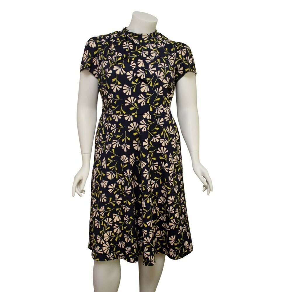 London Times 14W Blue Yellow Floral Tie Neck Dress Short Sleeve A-Line Midi